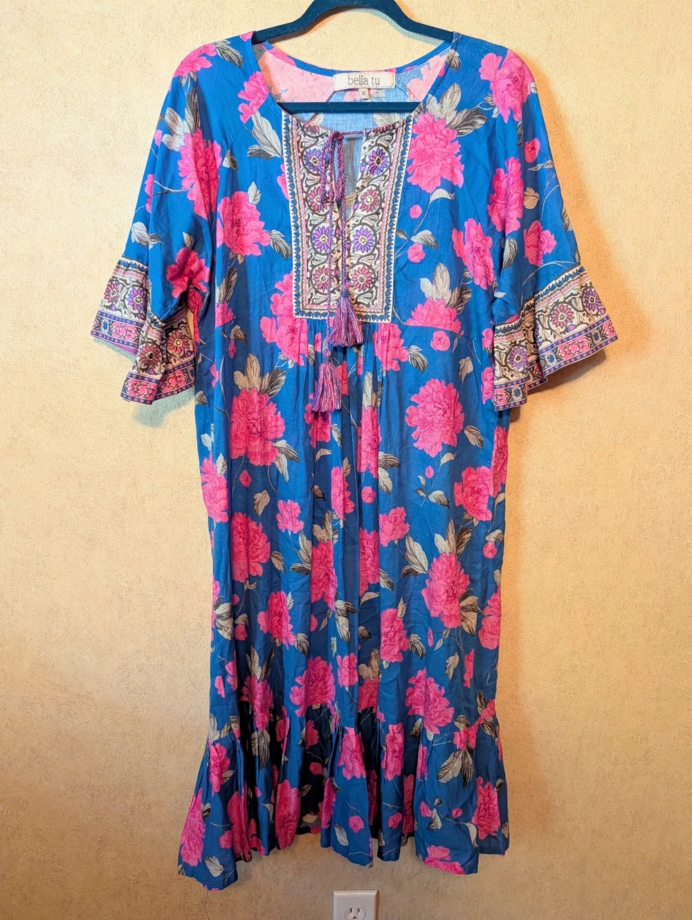 BELLA TU blue pink floral beaded embroidered swim coverup kaftan sz M